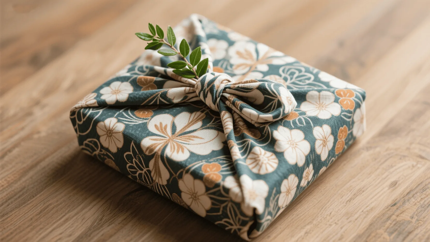 A gift wrapped elegantly in a patterned fabric, Furoshiki style, with a small green sprig.