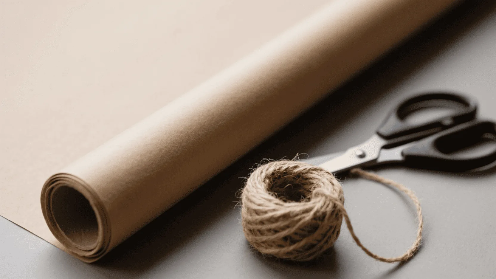 A roll of simple brown kraft wrapping paper next to a pair of scissors and twine.