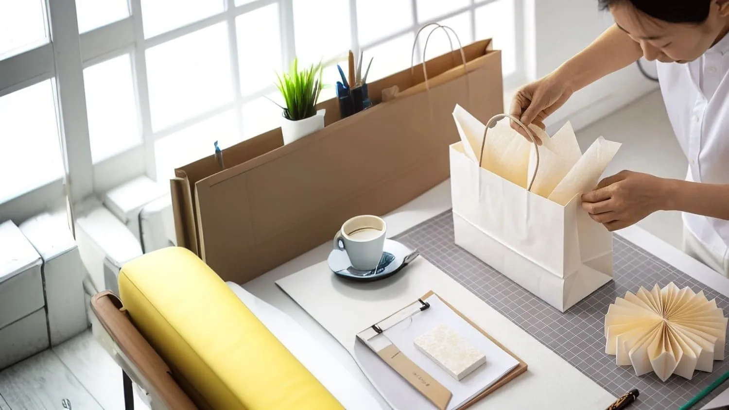 A gift bag with neatly folded tissue paper creating a tidy, flat layer over the gift