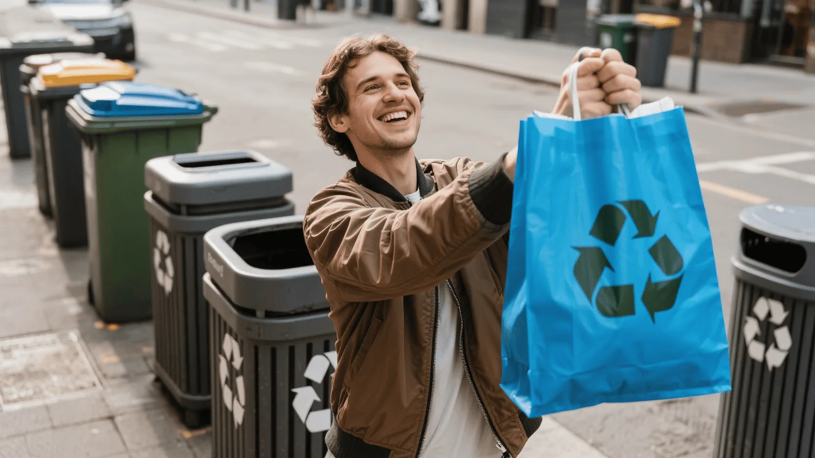 A shopping bag with a prominent recycling logo held by a happy customer.