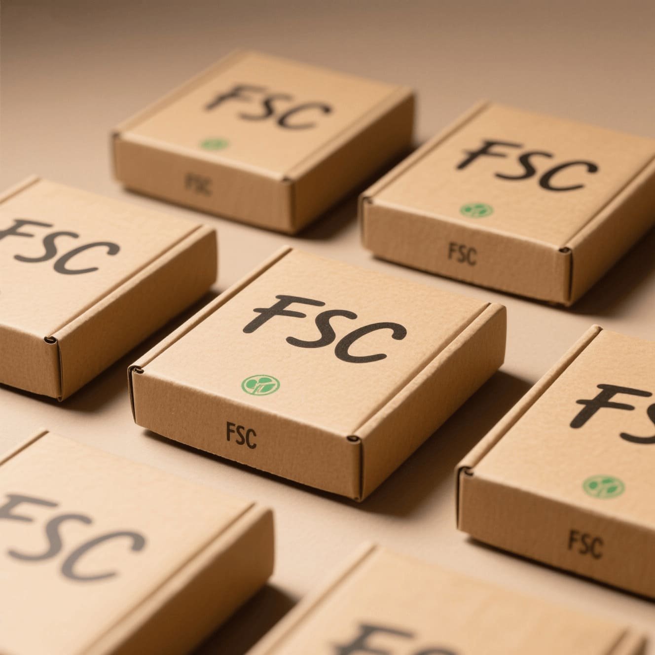 A clean, minimalist image of kraft paper boxes with a visible FSC logo.