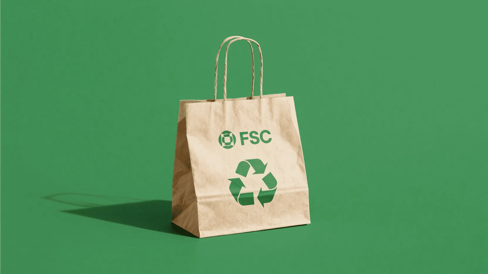 A paper bag with a clearly visible FSC certification logo and recycling symbol.