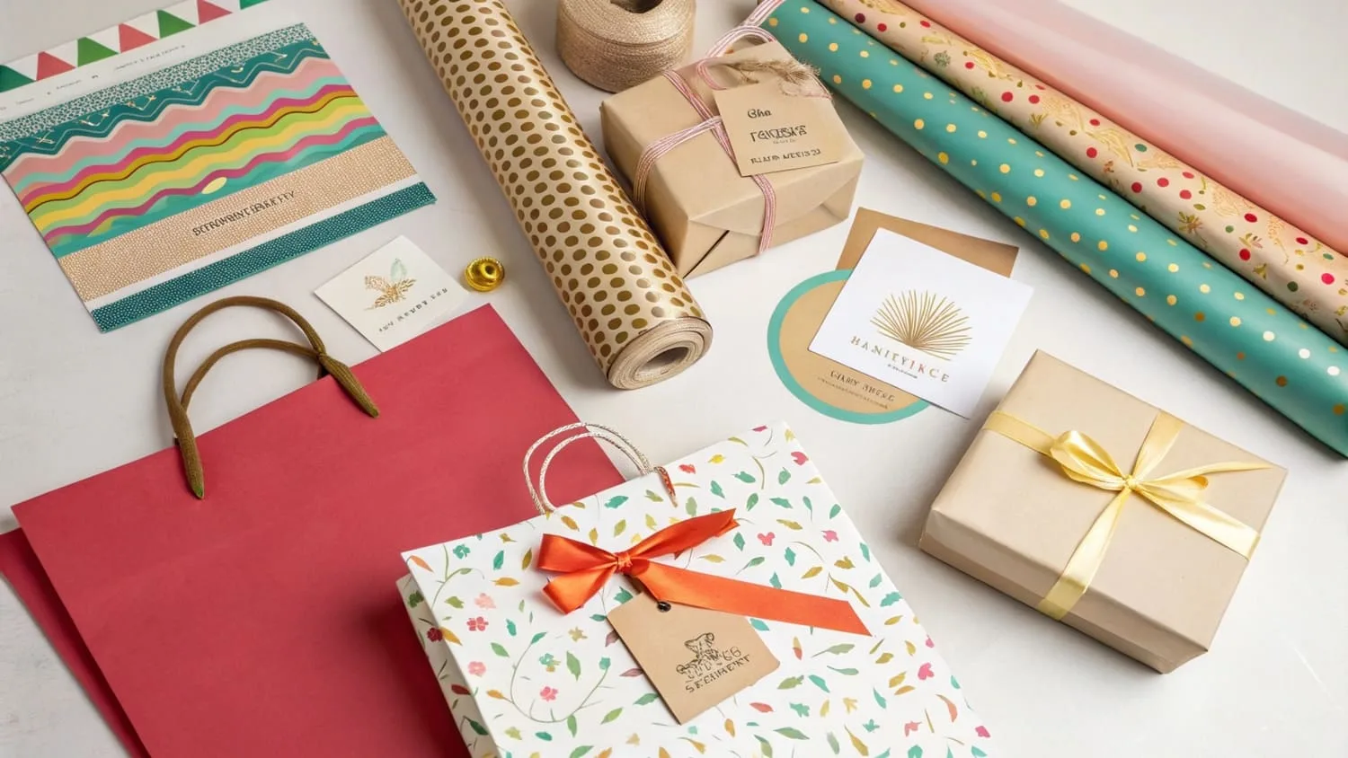 A flat lay of various gift wrapping supplies, including wrapping paper, ribbons, tags, and cards for different occasions.
