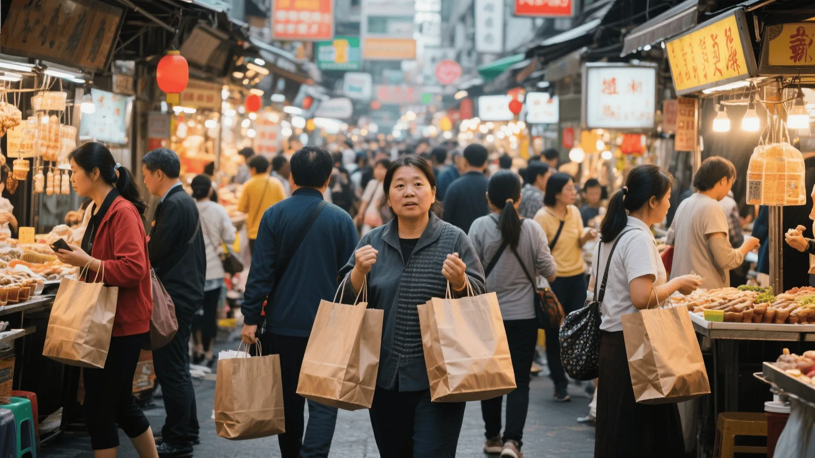 A vibrant, bustling street market in an Asian city, with shoppers carrying various paper bags.