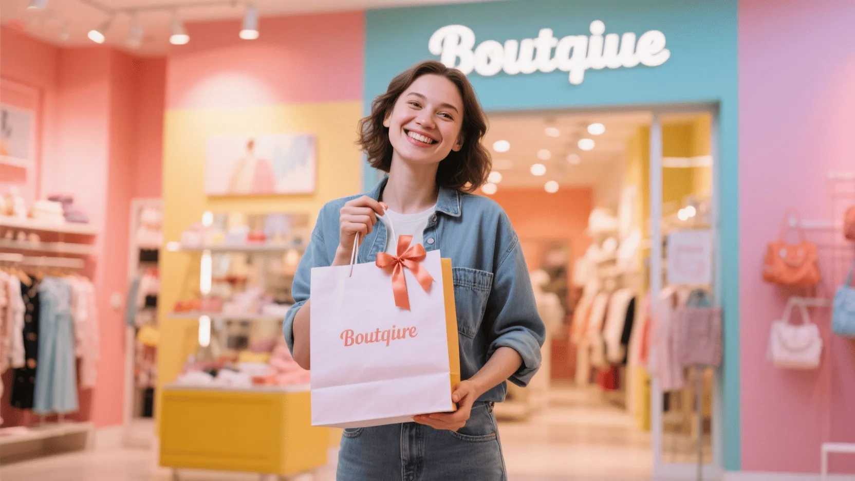 A customer smiling, proudly holding a custom gift bag from a boutique store.