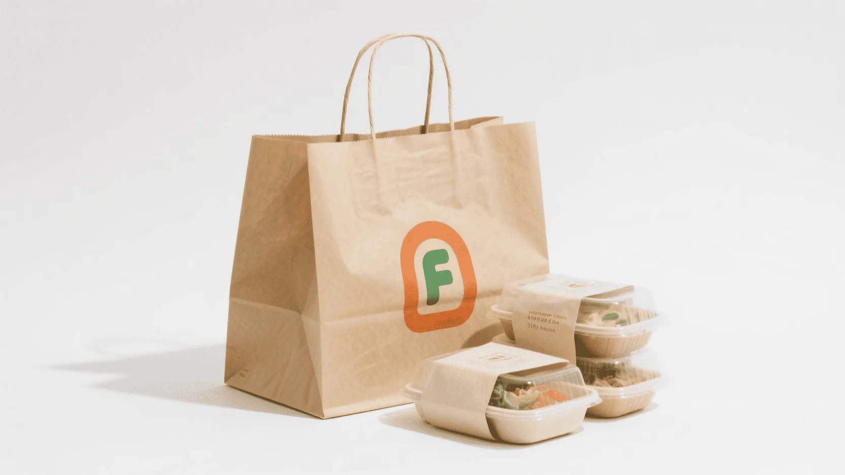 A neatly packed food delivery order in a branded paper bag, ready for pickup.