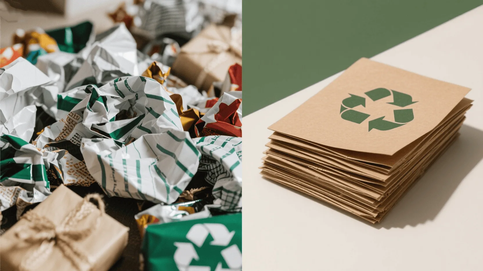 A split image showing a crumpled pile of non-recyclable wrapping paper on one side and a neat stack of recyclable kraft paper on the other.