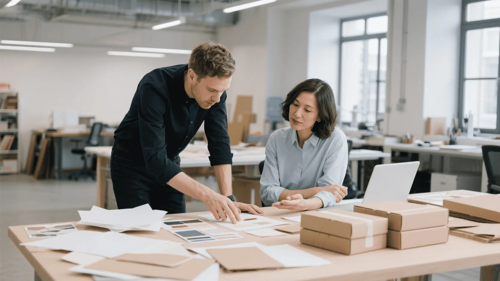 A designer and a client collaborating over paper samples and box prototypes in a modern workshop.