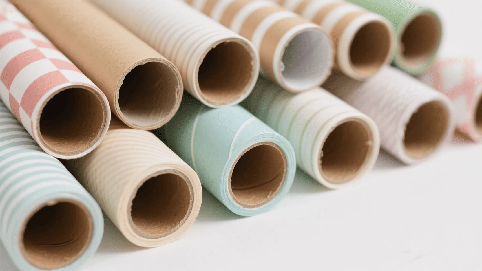A close-up of the end of several wrapping paper rolls, showing the different cardboard core sizes and paper thicknesses.