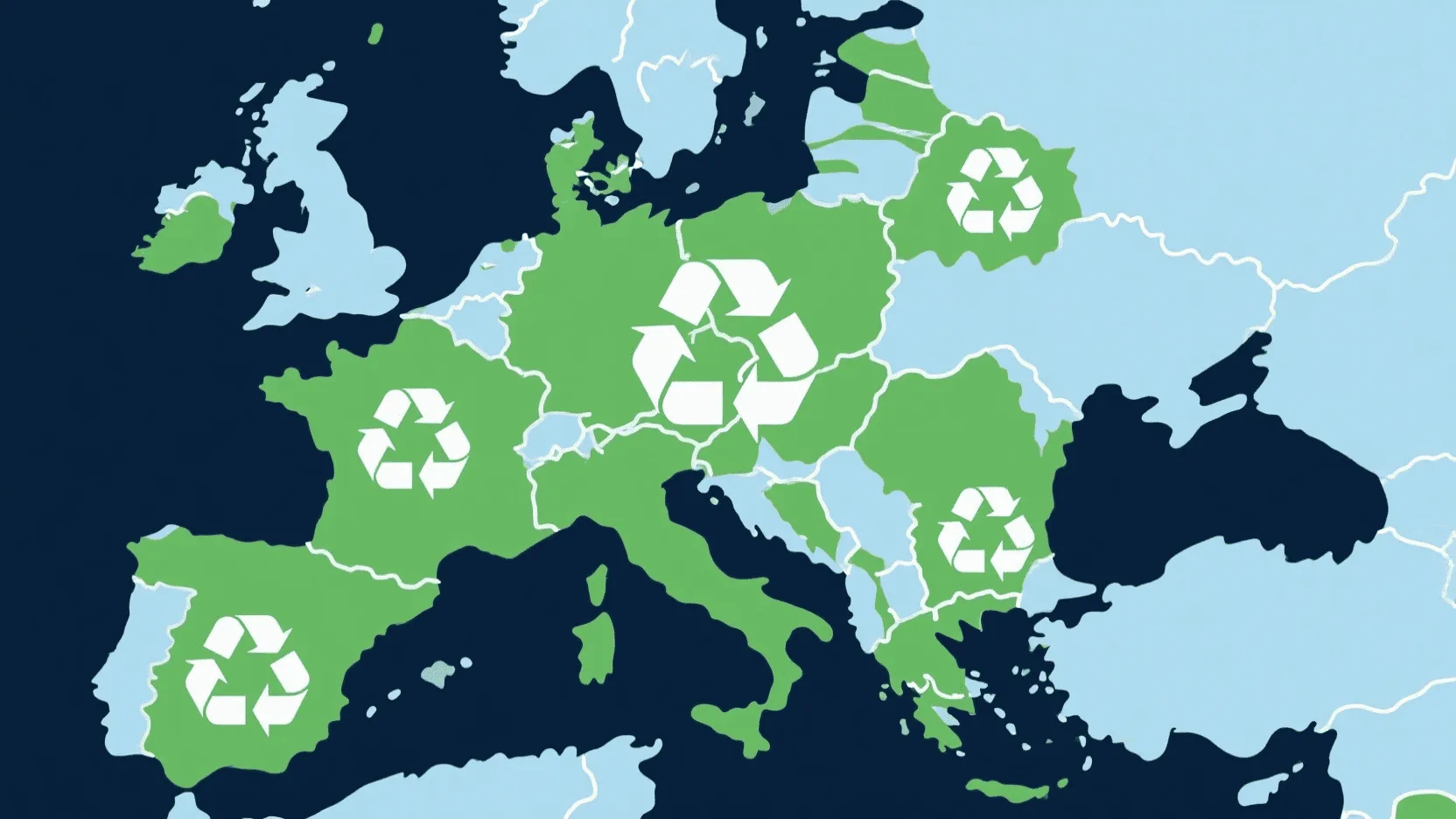A map of Europe with recycling symbols overlaid, symbolizing the unified approach of the PPWR.