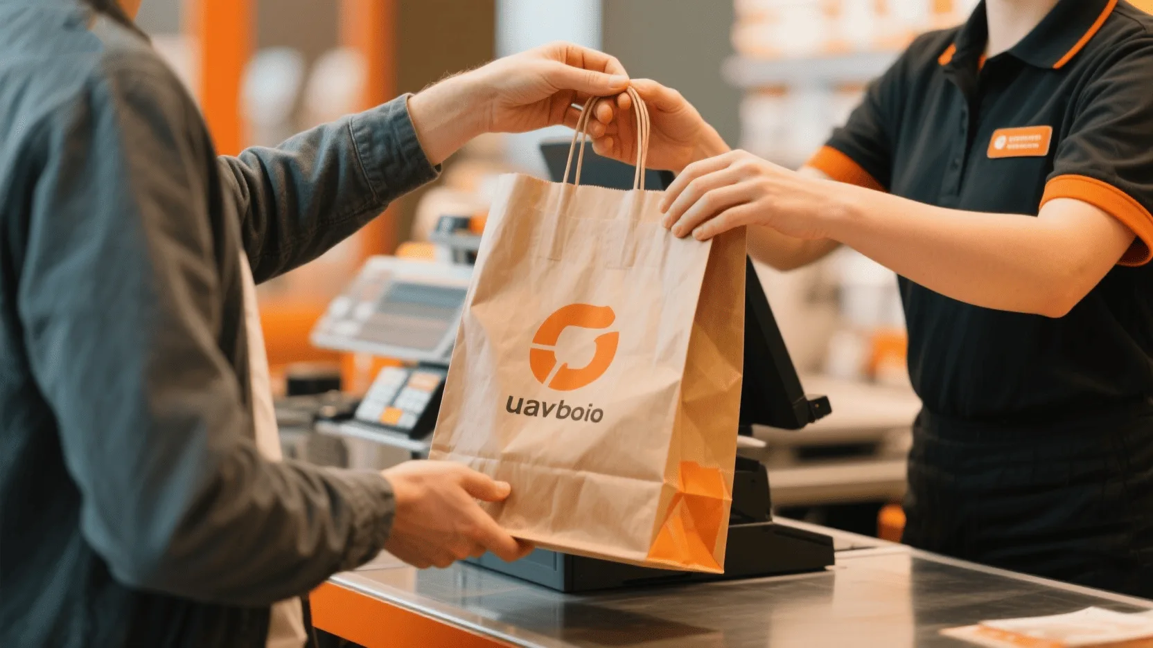 A close-up of a cashier handing a customer a sturdy, branded paper bag.