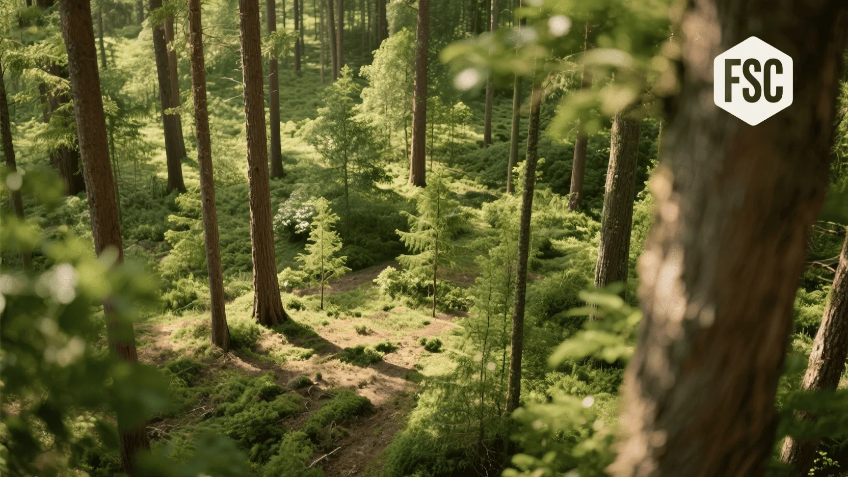 A lush, well-managed forest with a small FSC logo subtly overlaid.