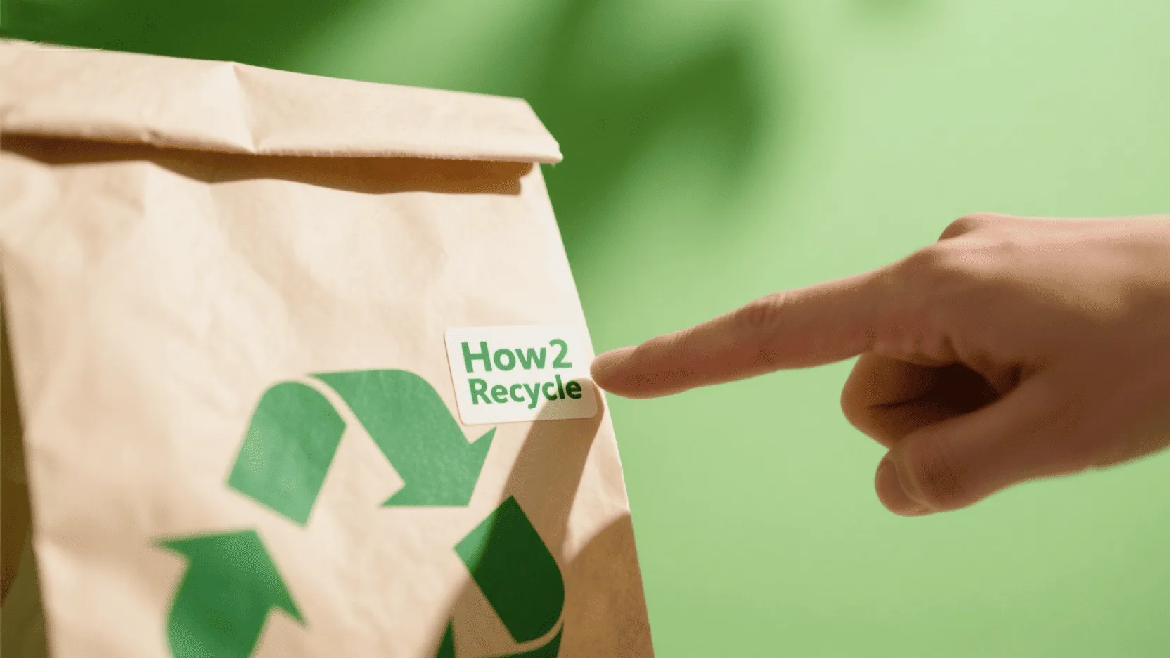 The How2Recycle label shown clearly on a paper bag, with a finger pointing to it.