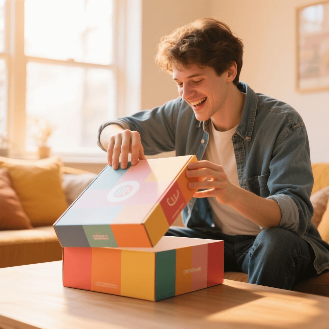 A person joyfully unboxing a branded custom paper box at home.