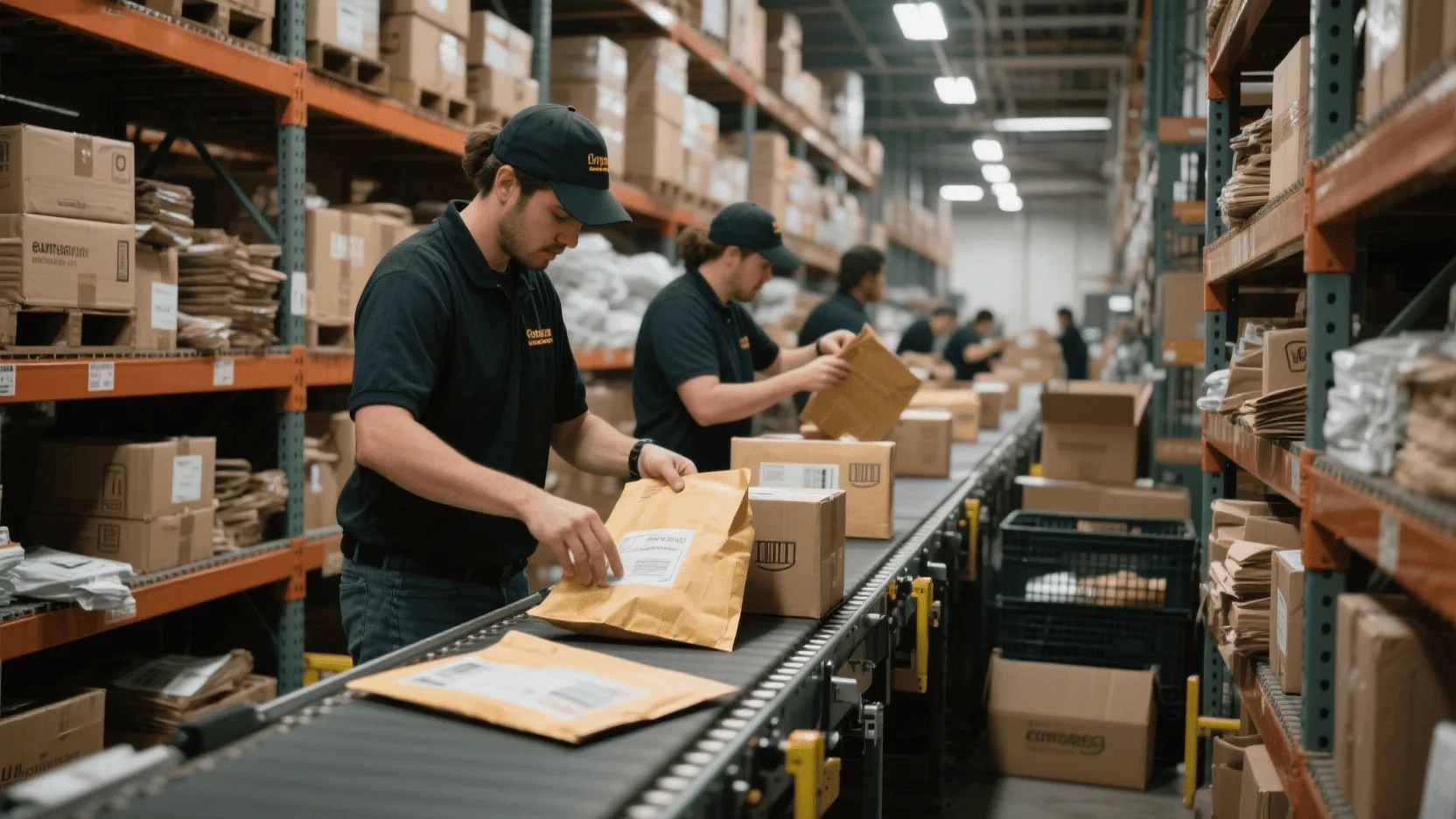 A busy e-commerce fulfillment center with staff quickly packing orders using paper mailers.