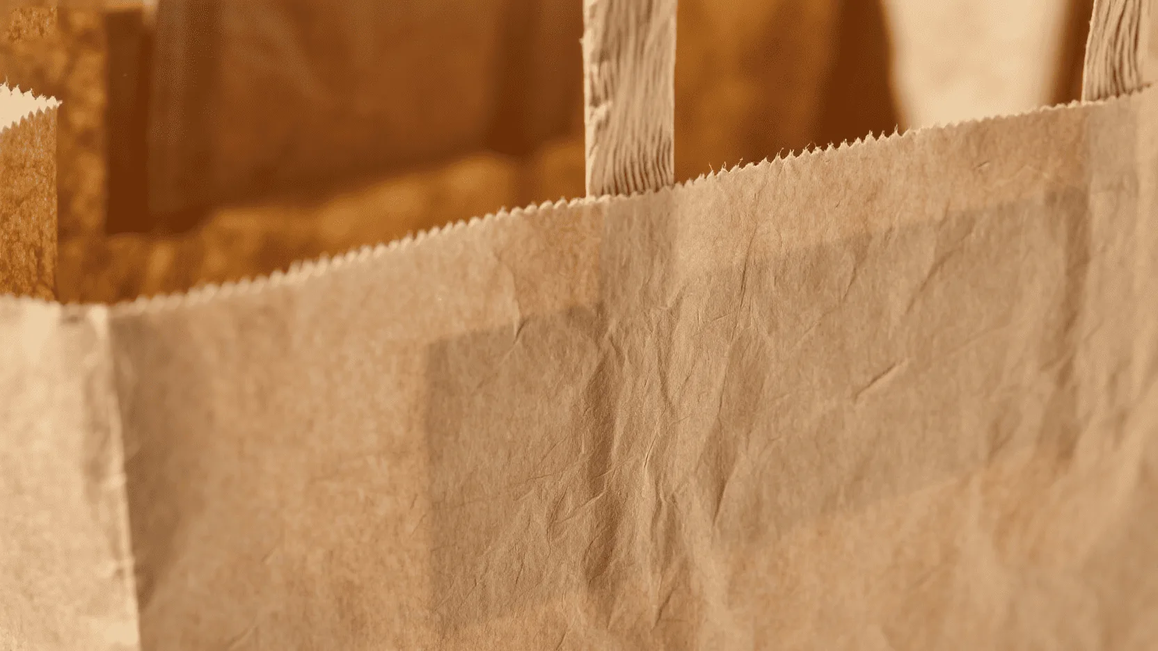 A close-up of a brown Kraft paper bag showing its texture and fibers