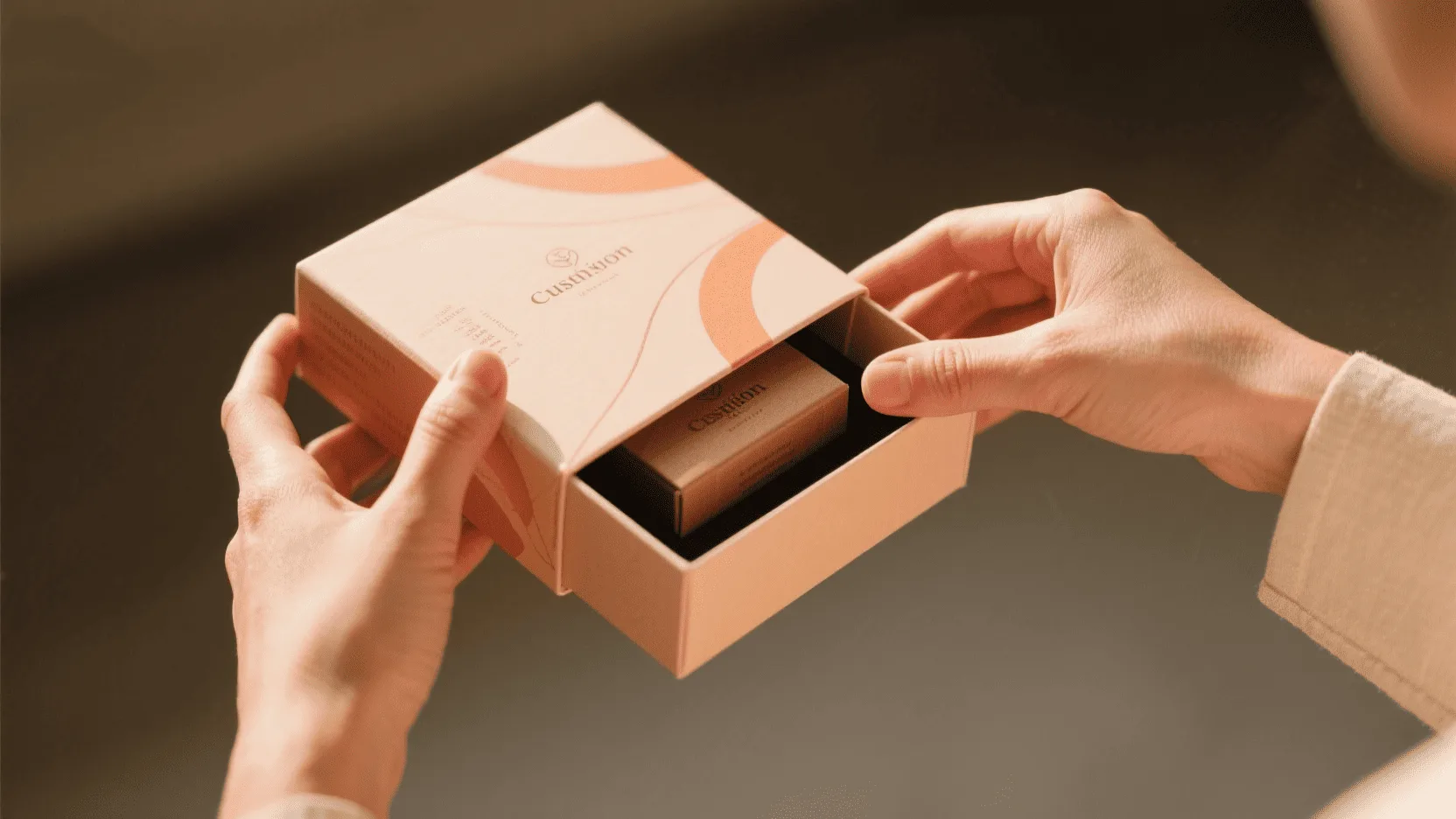 A beautifully designed custom printed box being opened by a customer, revealing a product inside.