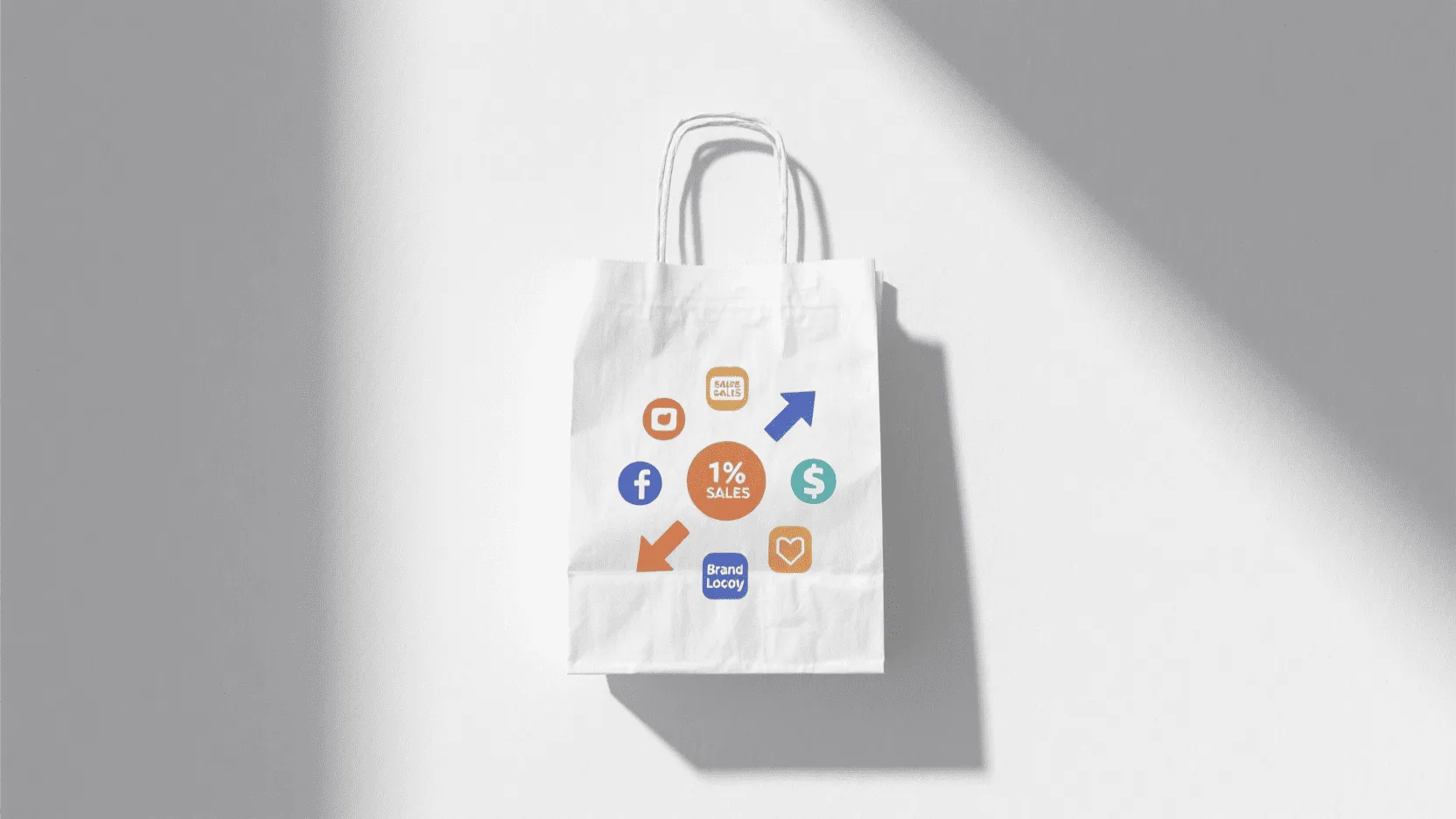 An infographic-style image showing a custom paper bag with arrows pointing to icons representing increased sales, social media shares, and brand loyalty.