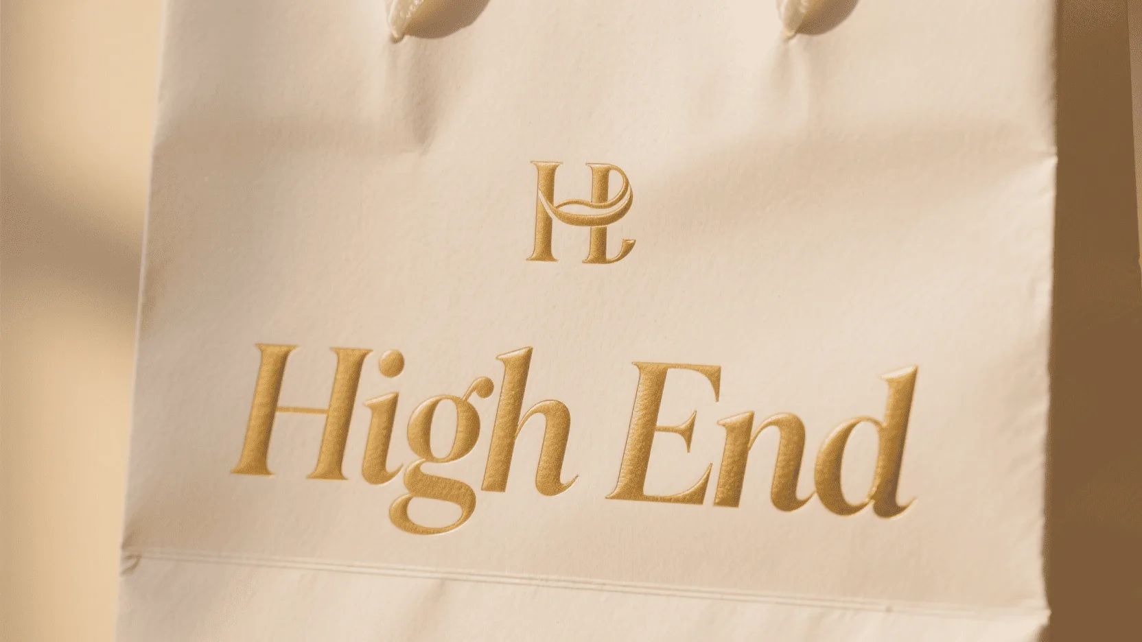 A close-up shot of a high-end paper bag with an embossed logo and textured paper.