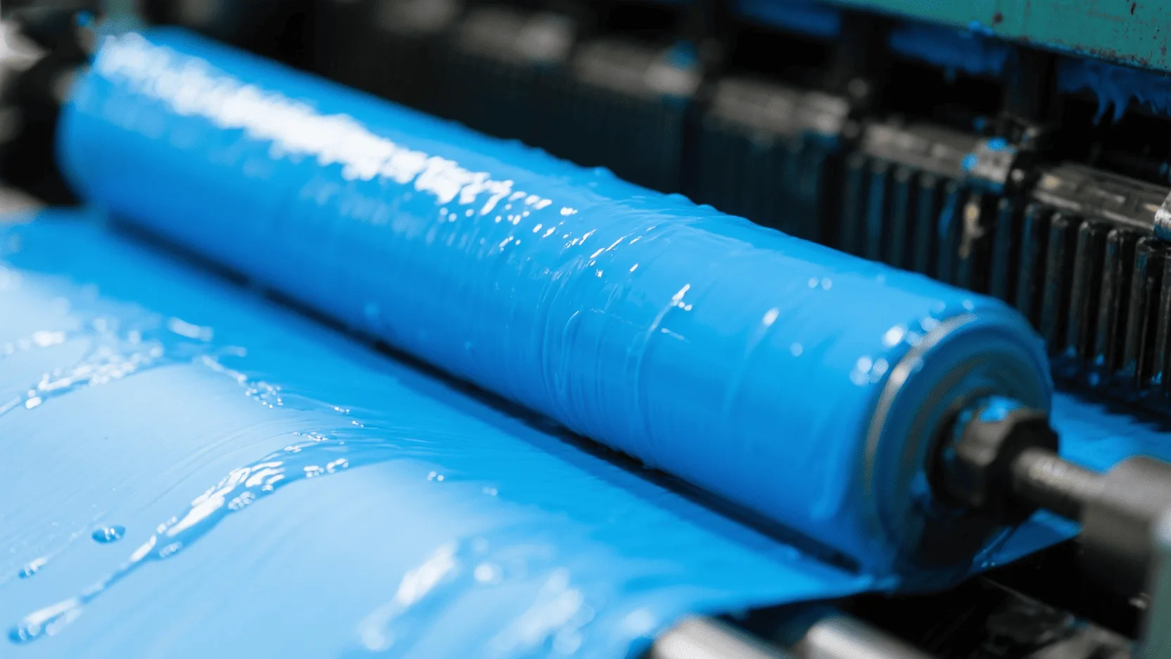 A close-up of a printing press roller coated in vibrant, eco-friendly blue water-based ink.
