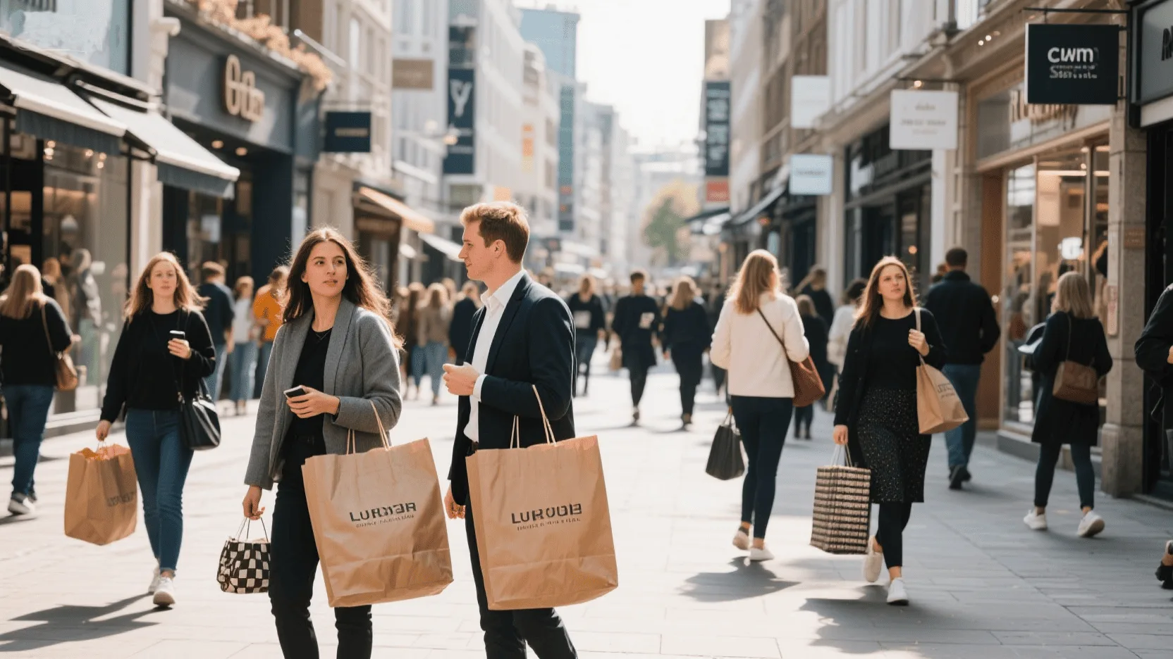 A bustling retail street with shoppers carrying stylish, branded paper bags.