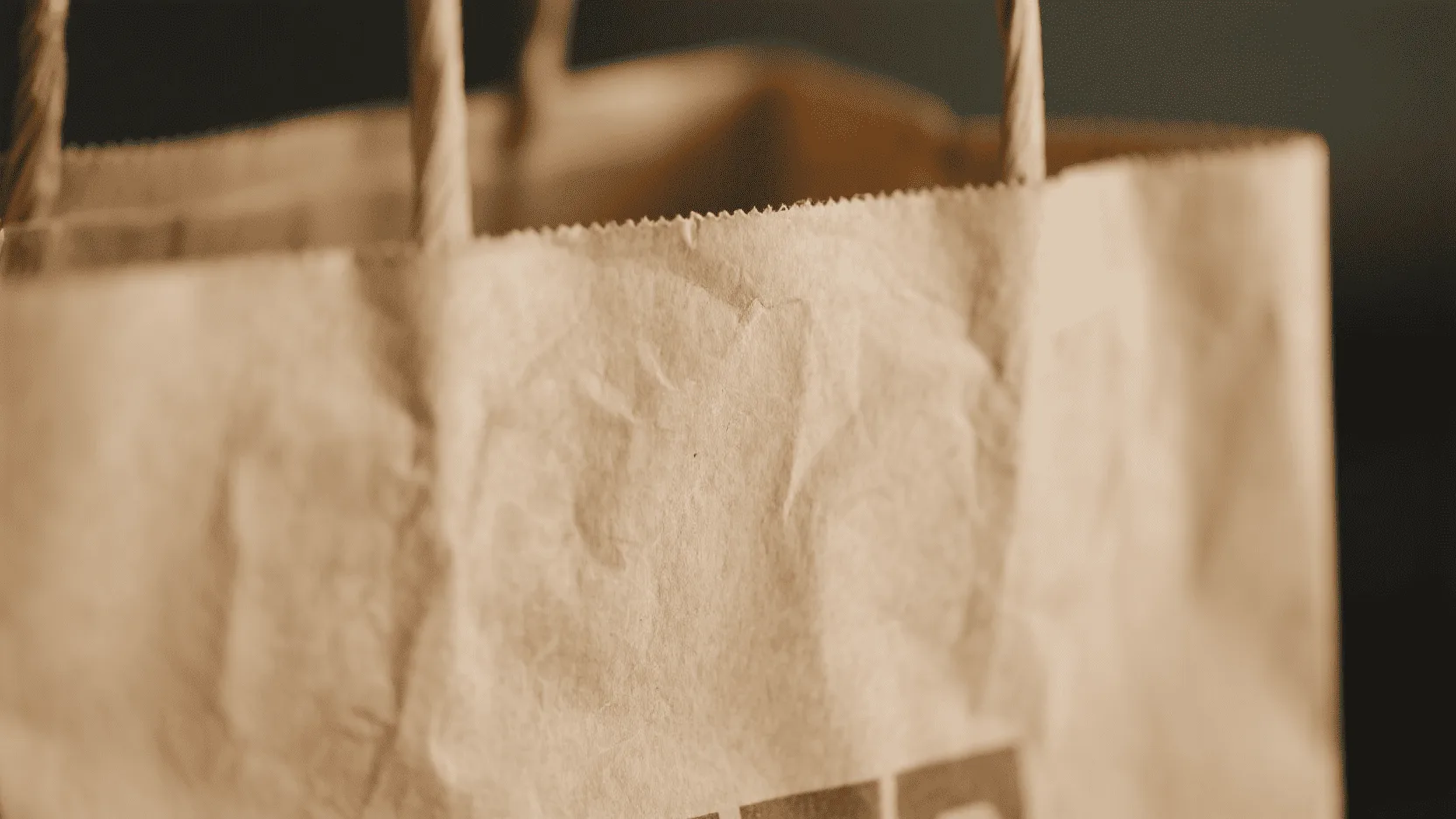 Close-up on the texture of a simple brown kraft paper bag with minimal printing.