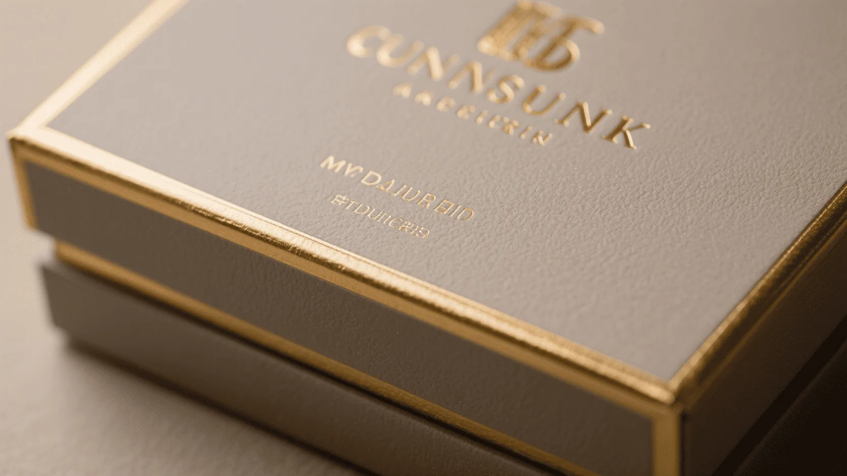 A close-up shot of a luxury box showing the detail of gold foil stamping and a matte lamination finish.