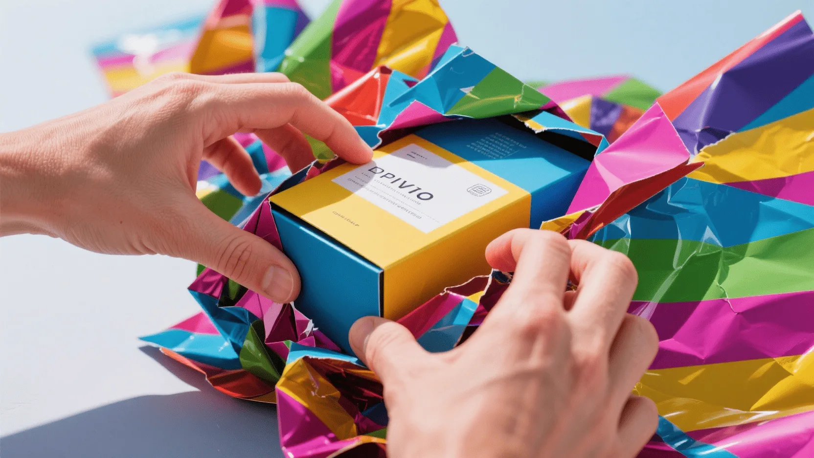 A close-up shot focusing on hands tearing through colorful wrapping paper to reveal a product box underneath.