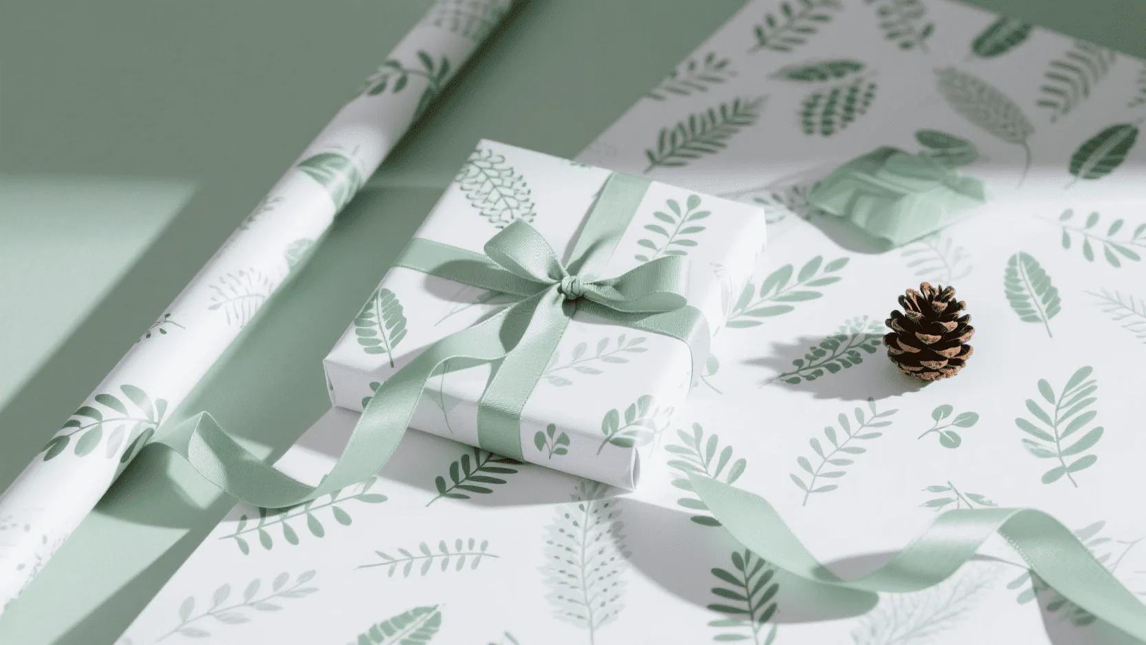 A stylish flat lay of modern Christmas wrapping paper with botanical prints and simple patterns, alongside ribbon and pine cones.