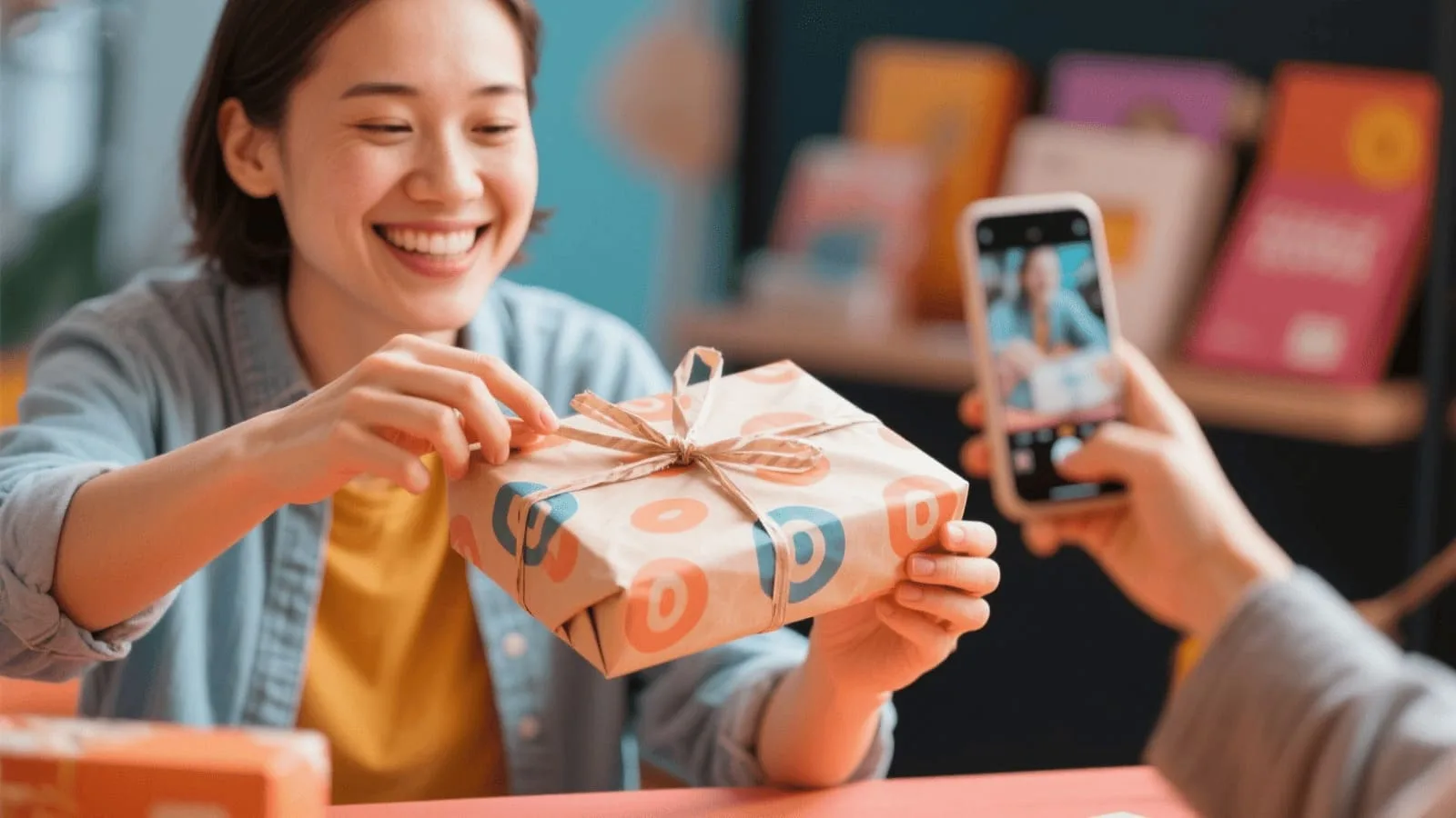 A customer happily unboxing a product wrapped in branded paper, ready to share on social media.