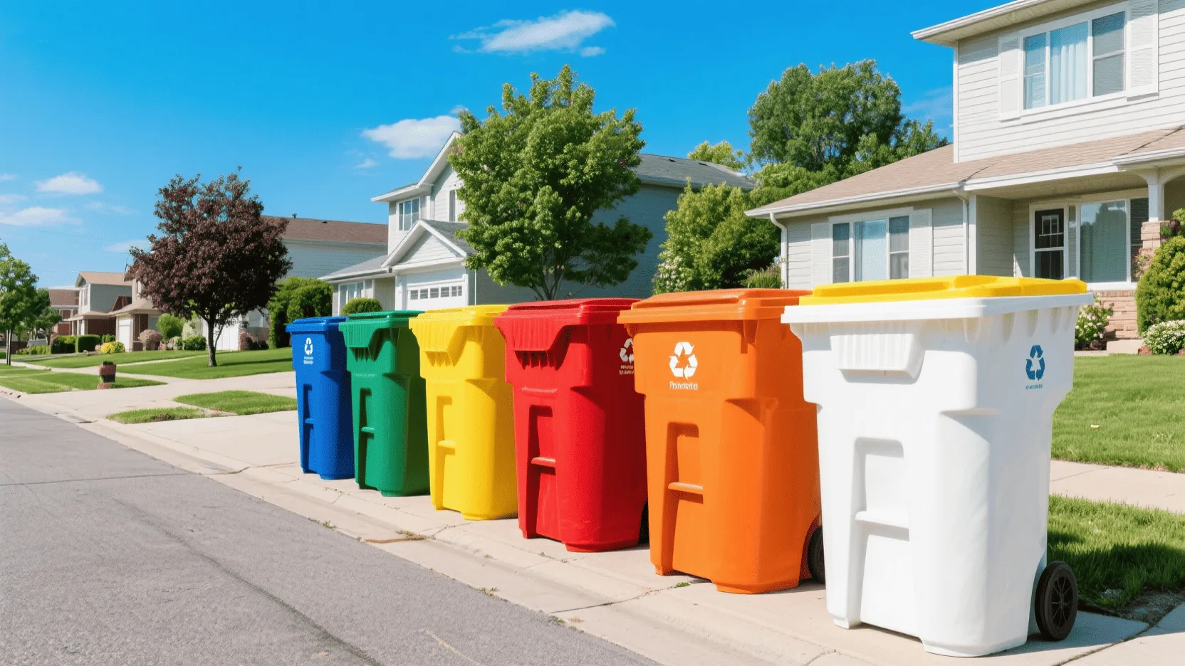 A row of different colored recycling bins on a suburban street in North America.