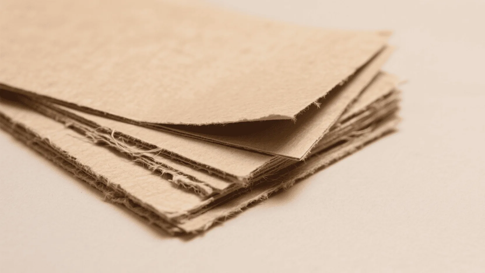 A stack of recycled kraft paper sheets ready for production, showing texture and natural fibers.