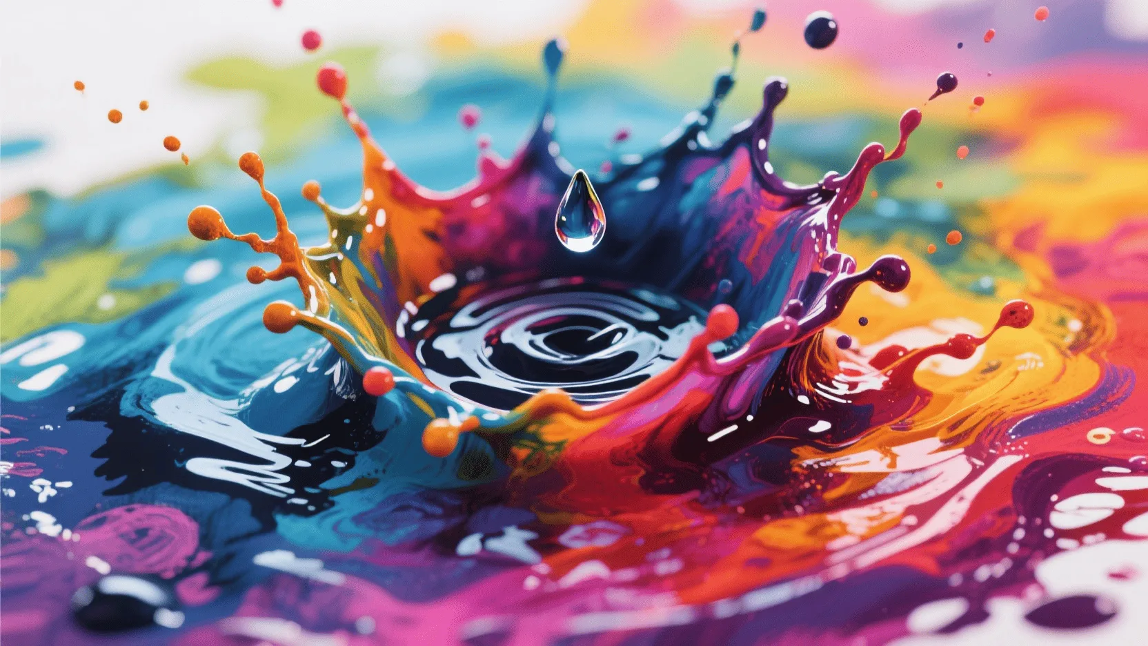 A droplet of water splashing into a pool of colorful ink, visually representing the composition of water-based ink.