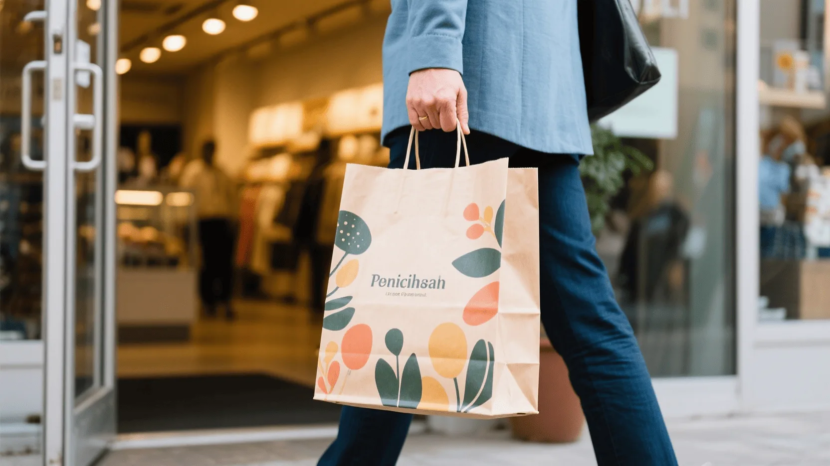 A beautifully designed custom paper bag held by a customer walking out of a store.