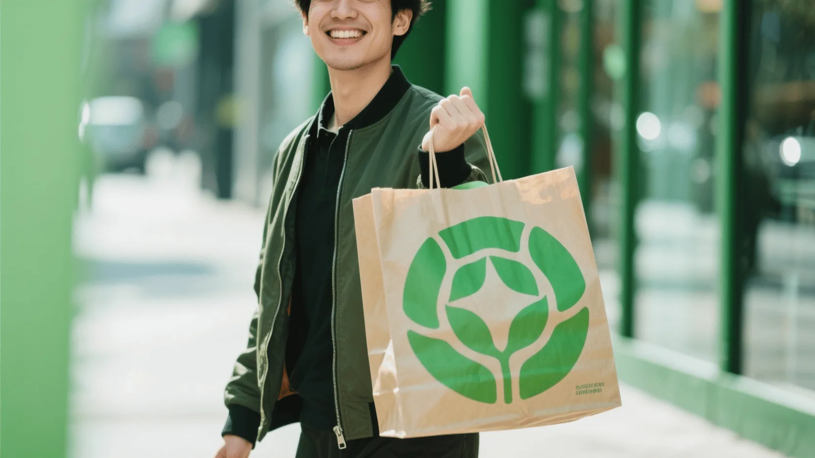 A customer smiling as they carry a beautifully designed paper bag with a vibrant, eco-friendly logo.