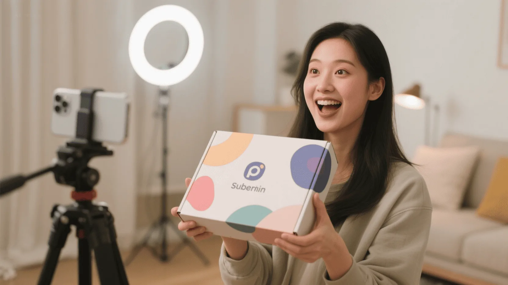 A person excitedly holding a custom printed subscription box, ready to film an unboxing video for social media.