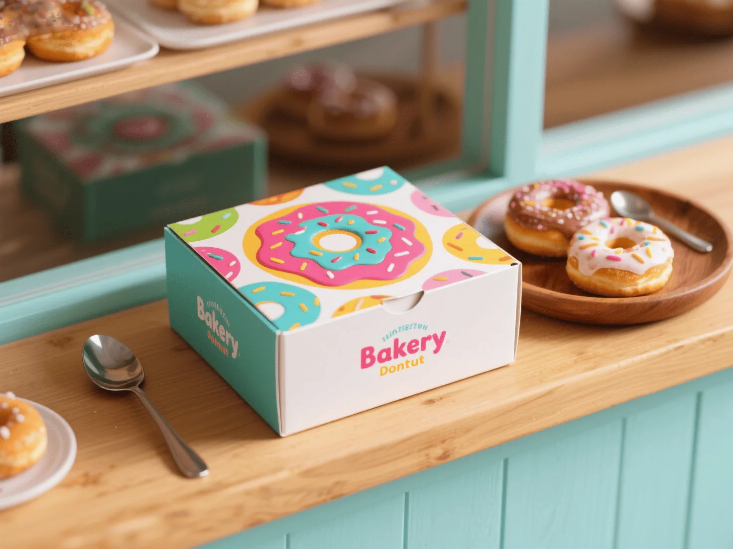 A beautifully designed custom donut box with a bakery's colorful logo sitting on a wooden counter.
