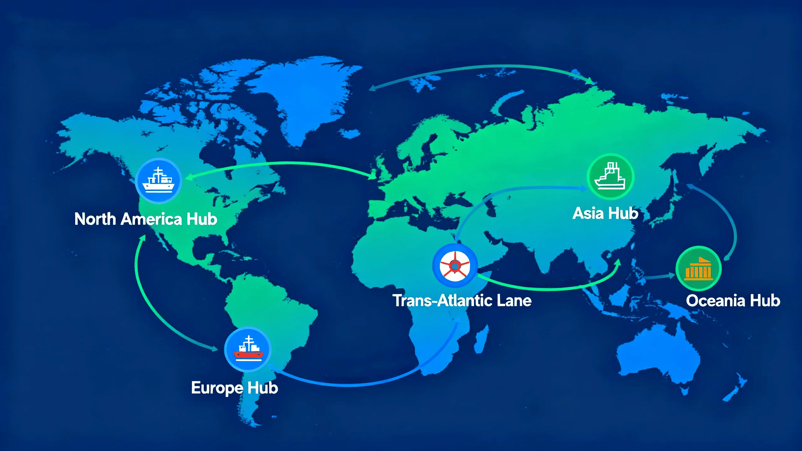 A map showing a diversified supply chain with manufacturing hubs in different regions connected by shipping lanes.