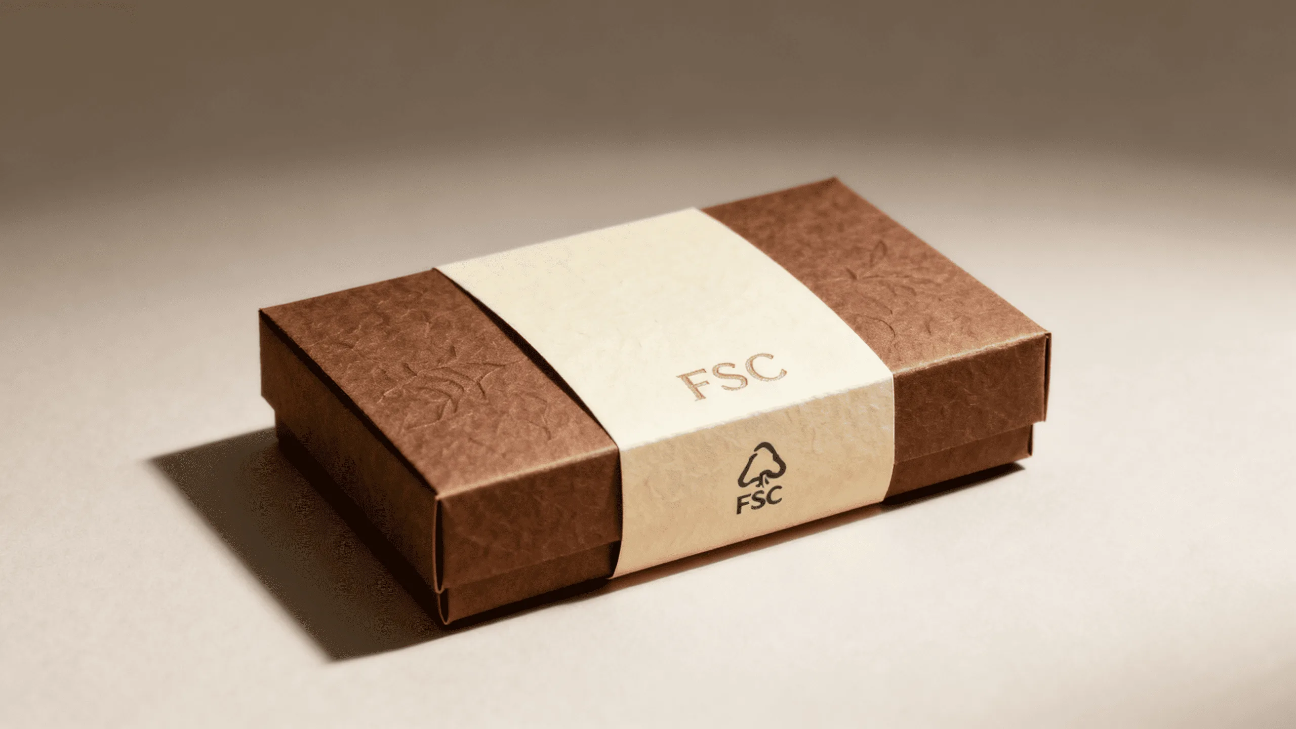 An elegant, sustainable chocolate box made from textured paper, with a clean design and a small FSC logo visible.