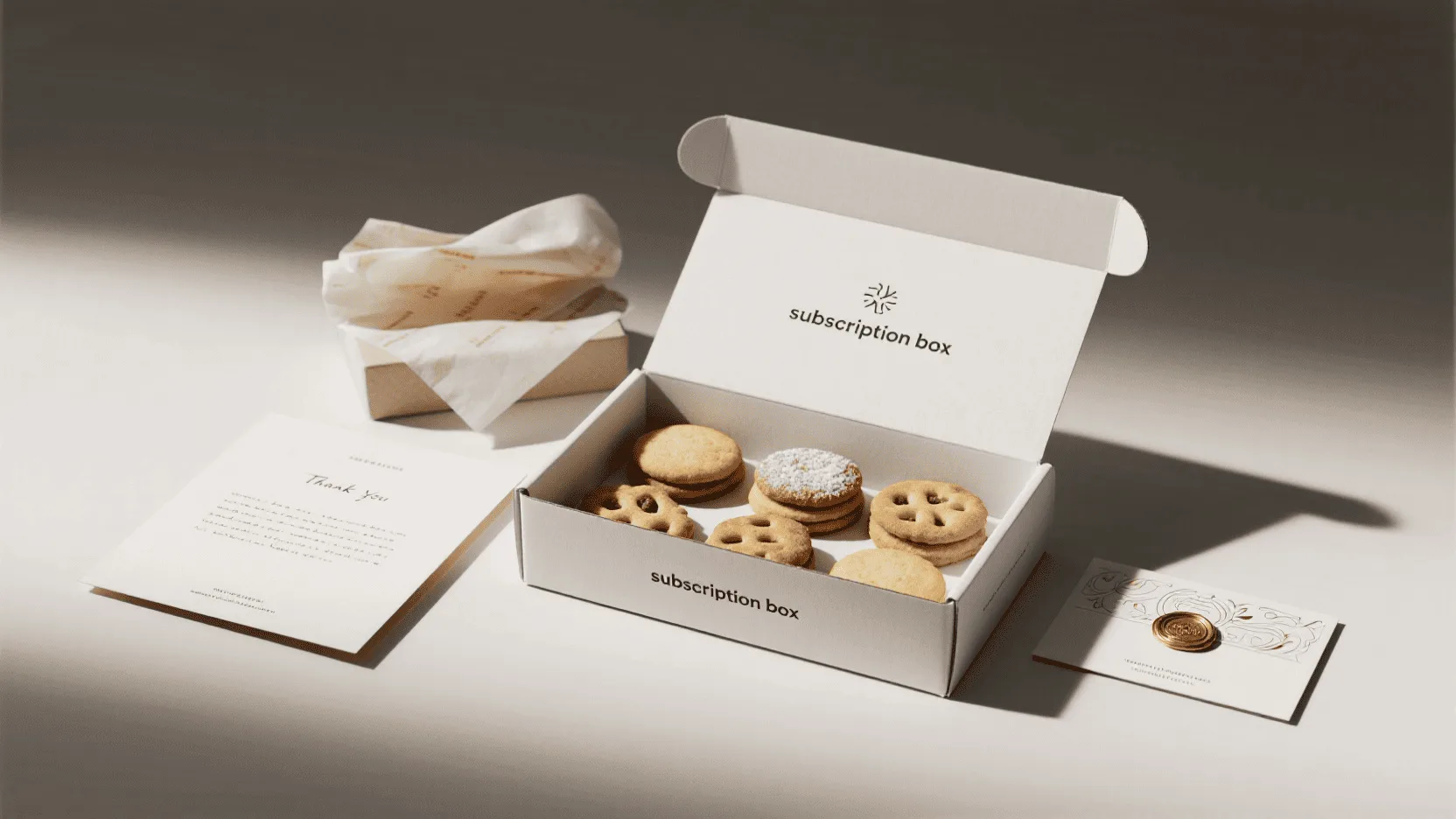 A flat lay of a beautifully designed subscription box open with perfectly arranged cookies, branded tissue paper, and a thank you card.