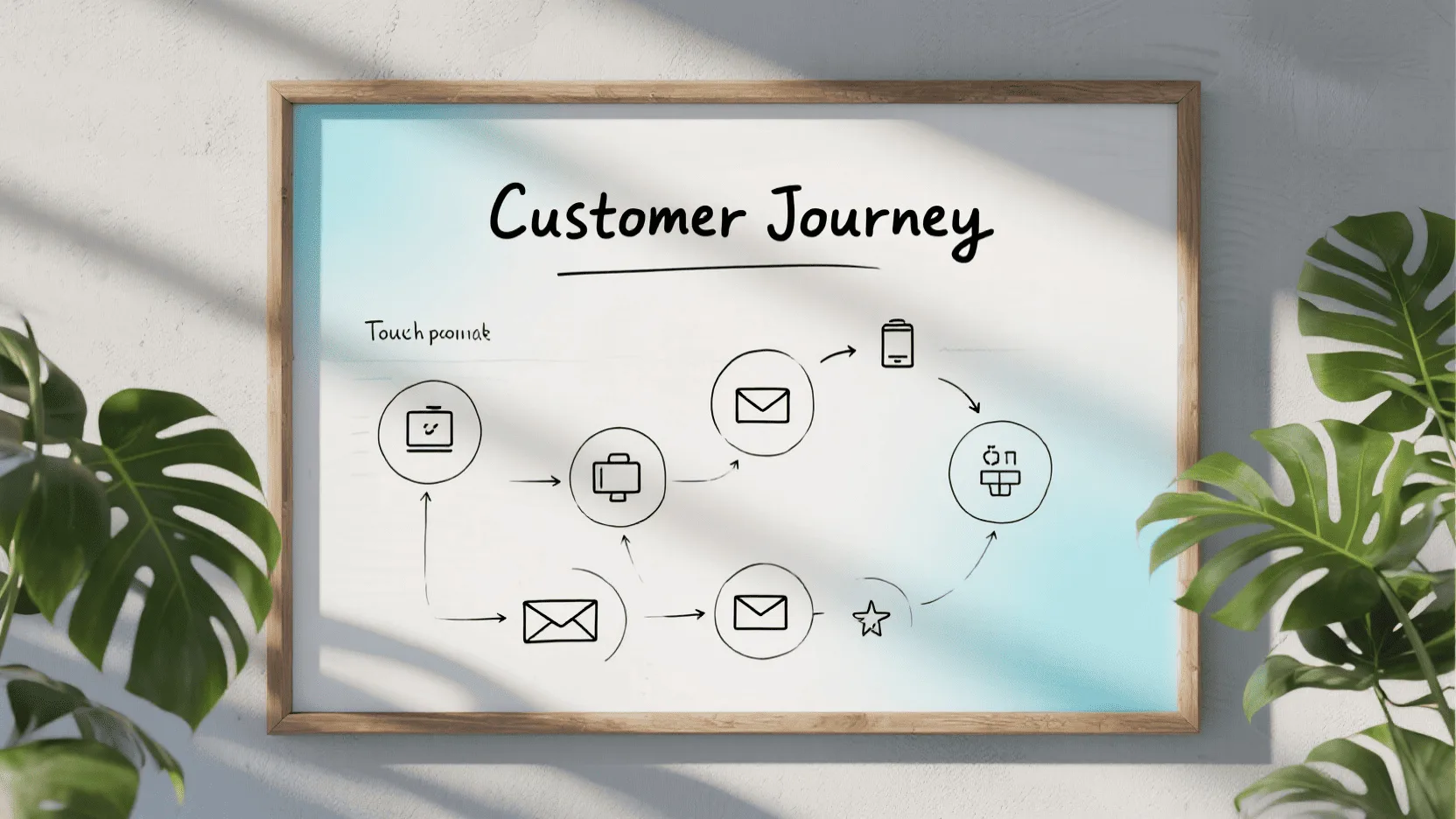 A flowchart on a whiteboard showing a customer journey with different touchpoints, some digital (email icon) and some physical (envelope icon).