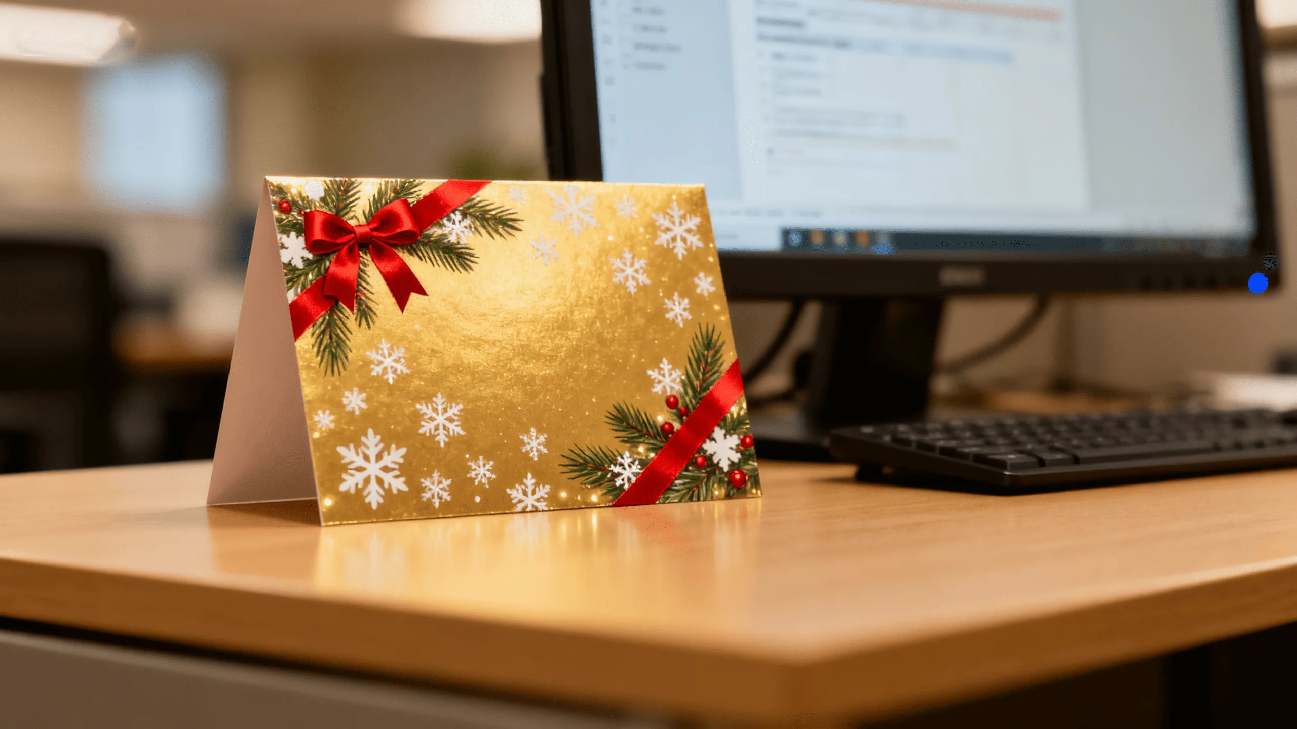 A beautiful custom Christmas card displayed proudly on an office desk next to a computer monitor.