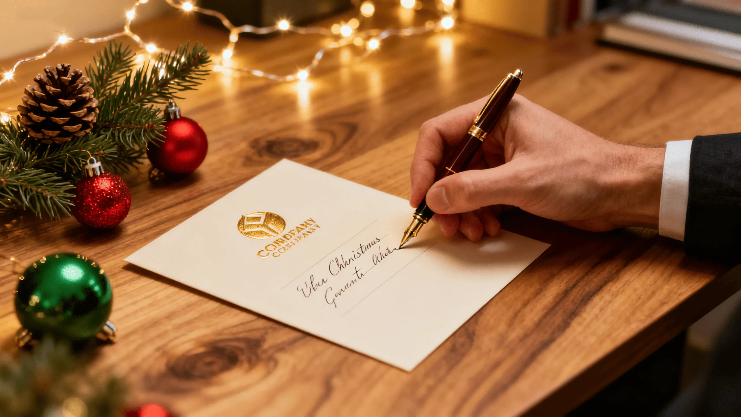 A hand personally signing a beautifully designed custom corporate Christmas card on a wooden desk with festive decorations.