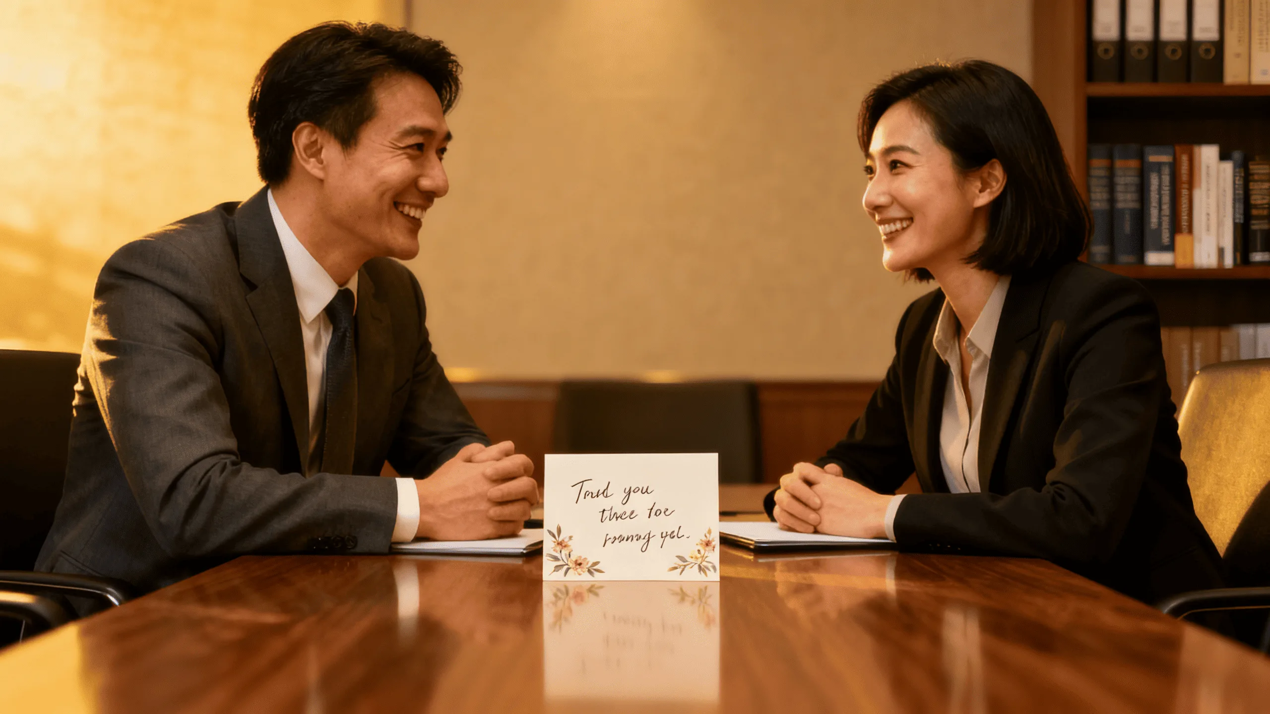 Two business partners smiling warmly in a meeting, with a thoughtful greeting card on the table.