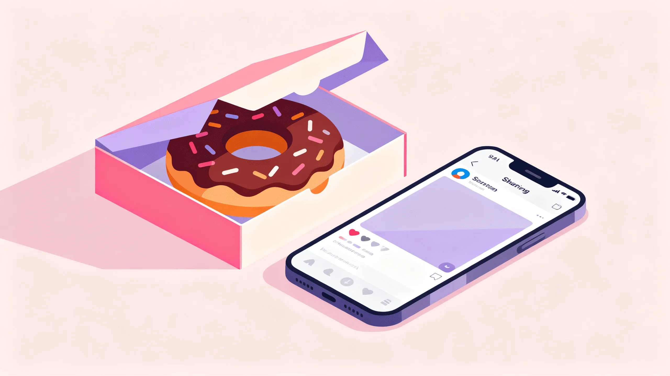 A flat-lay image of a beautifully designed dessert box next to a smartphone, implying social media sharing.