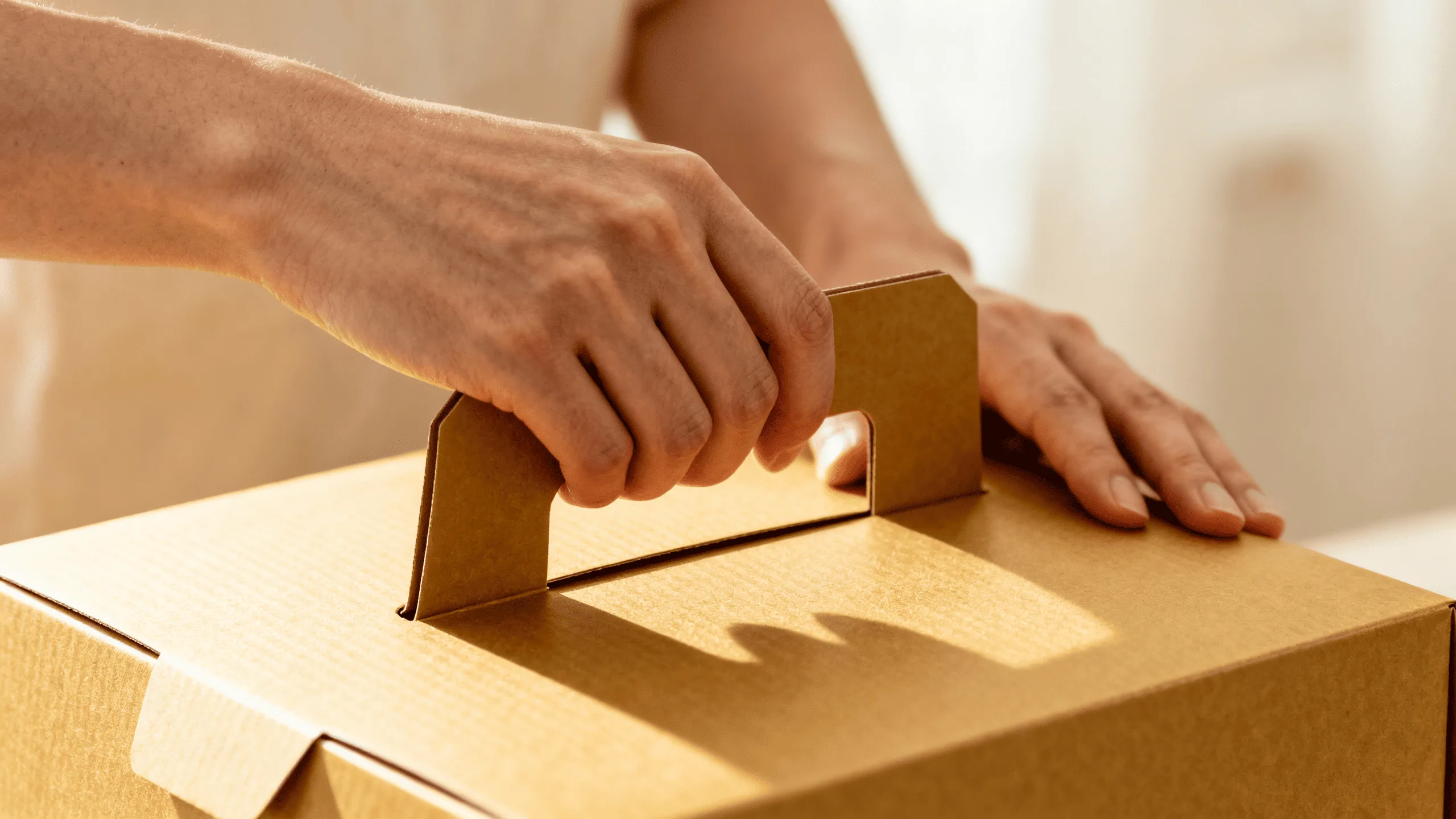 A person's hands comfortably holding a cake box by its sturdy, built-in paper handle.