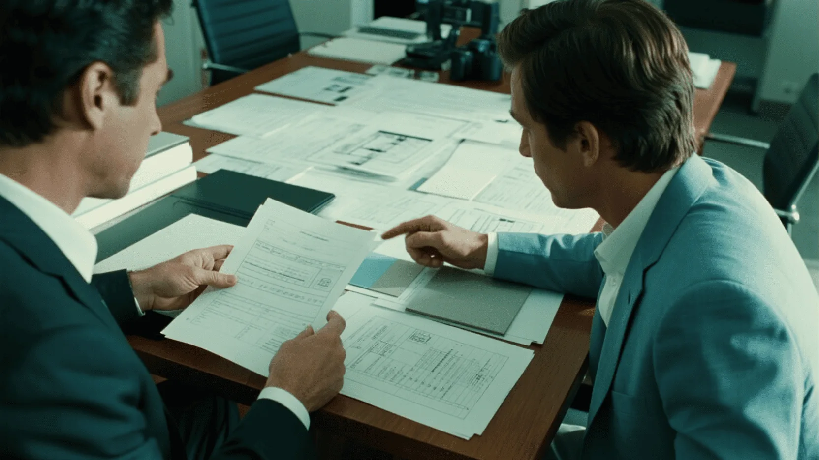 Two people in a meeting reviewing paper samples and technical specification documents.