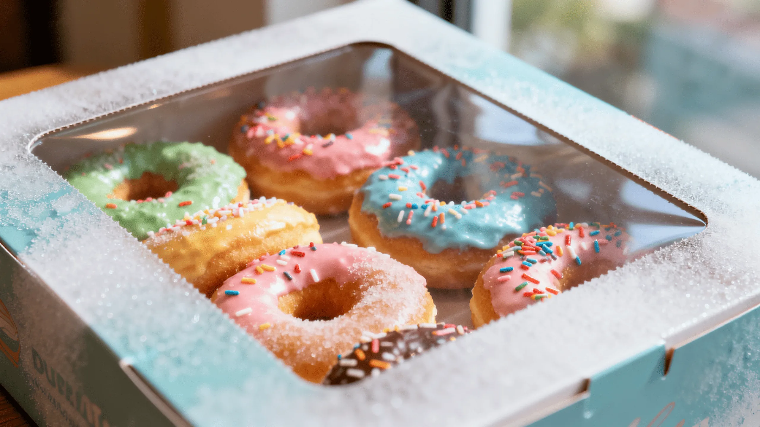 A close-up of a donut box with a clear window showcasing a row of colorful, frosted donuts inside.