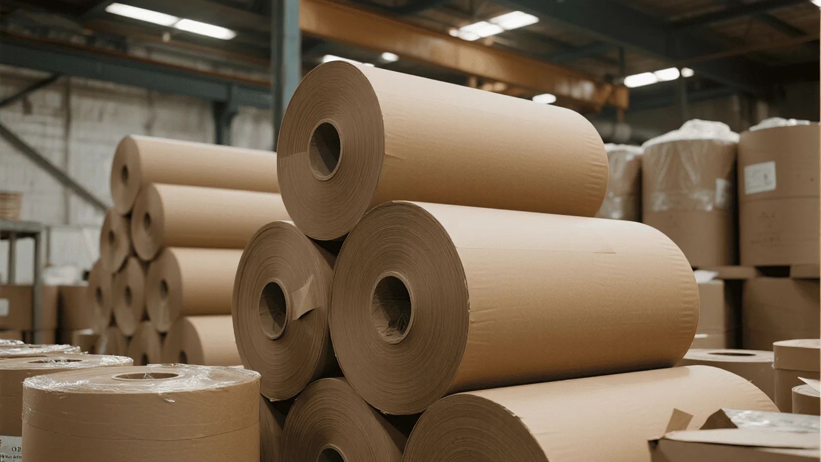 Stacks of large rolls of brown recycled kraft paper in a warehouse.
