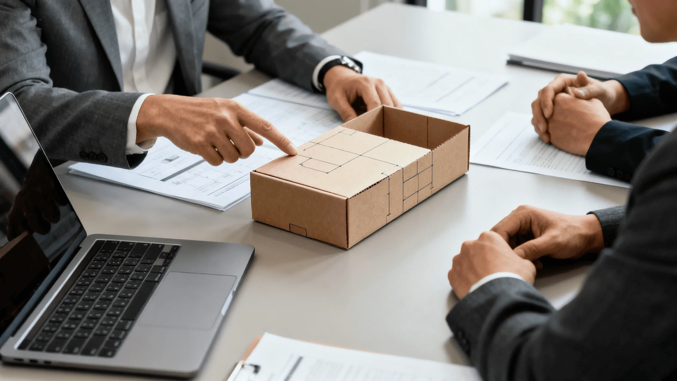 A person in a meeting pointing at a paper box prototype, discussing its features with a supplier.